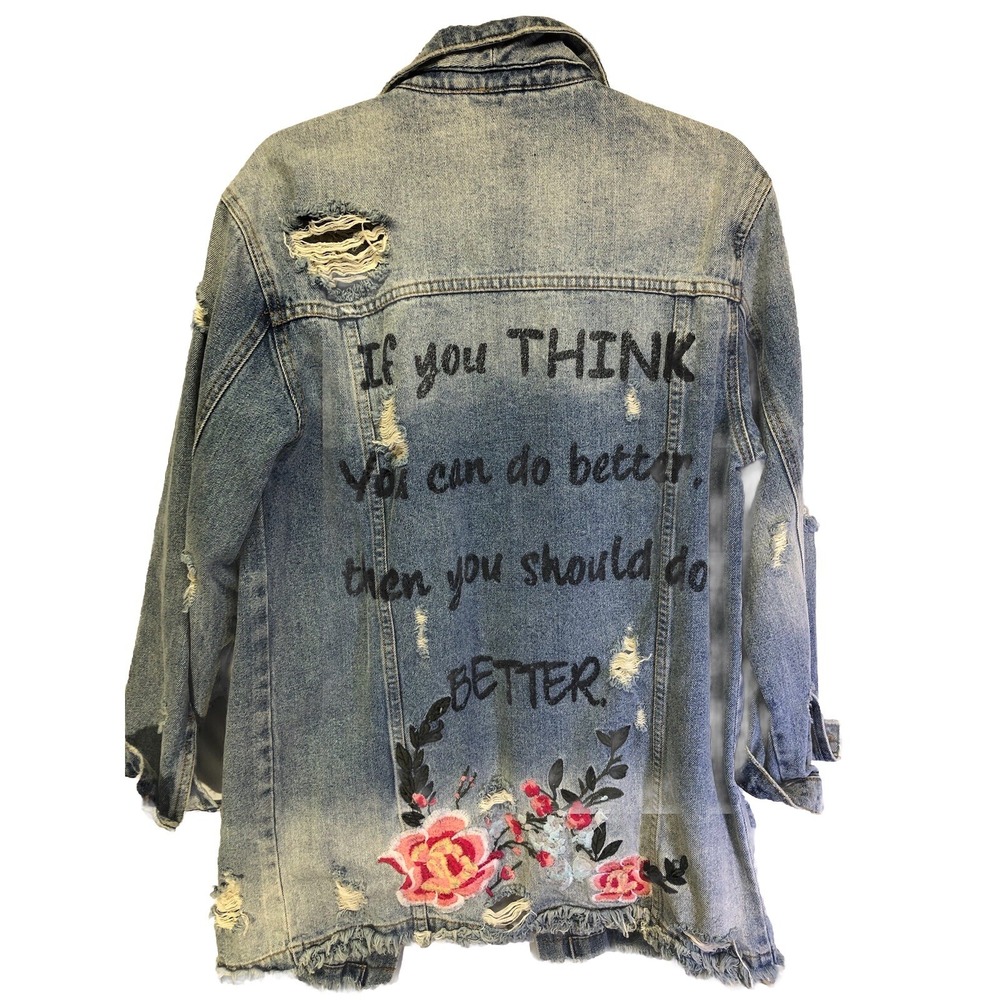 Mustard Seed distress Embroidered Denim Jean Jacket w Facts Saying Sz Medium - Picture 1 of 10